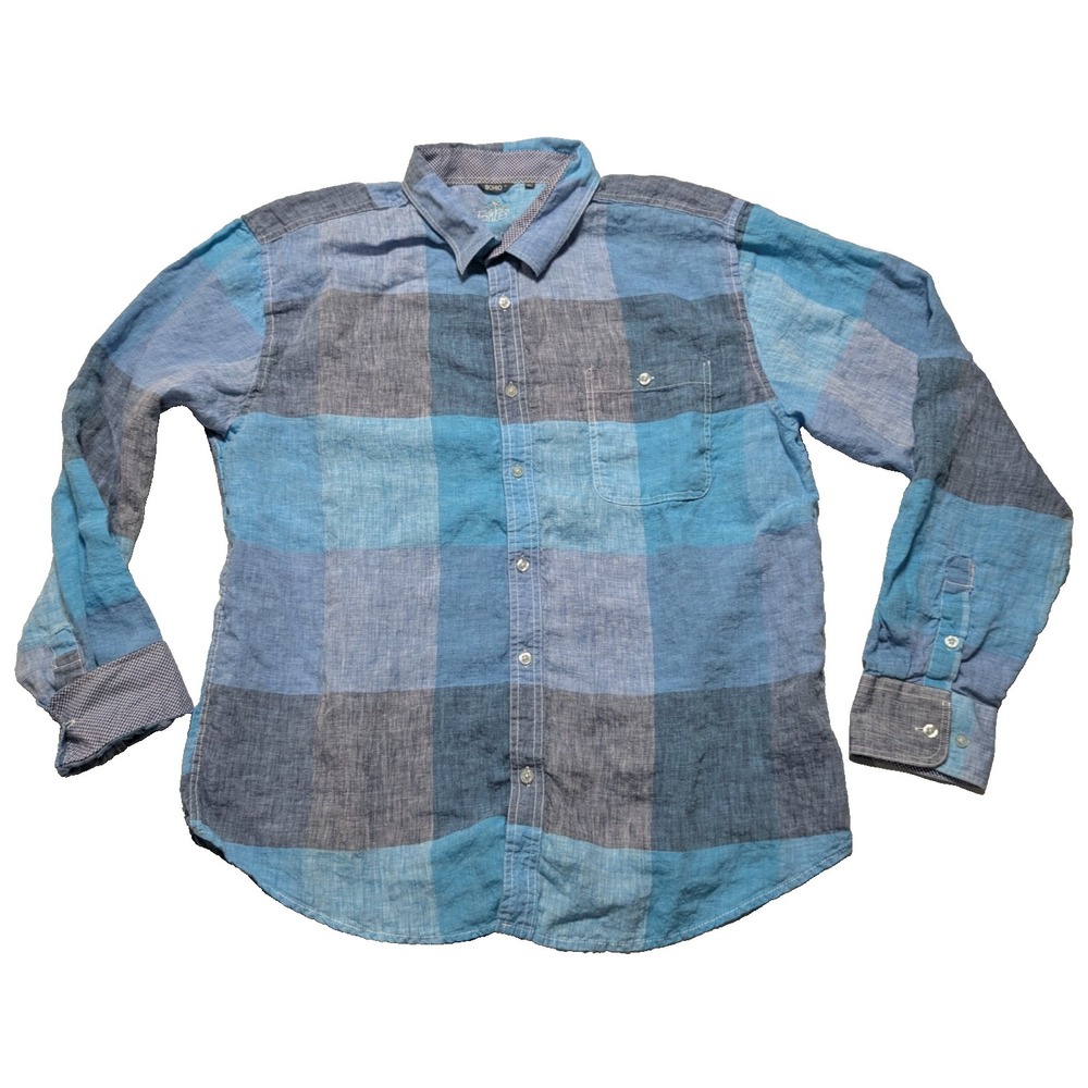 Bohio Linen Shirt - Men XL Blue Plaid Long Sleeve Flip Cuff Roll Tab